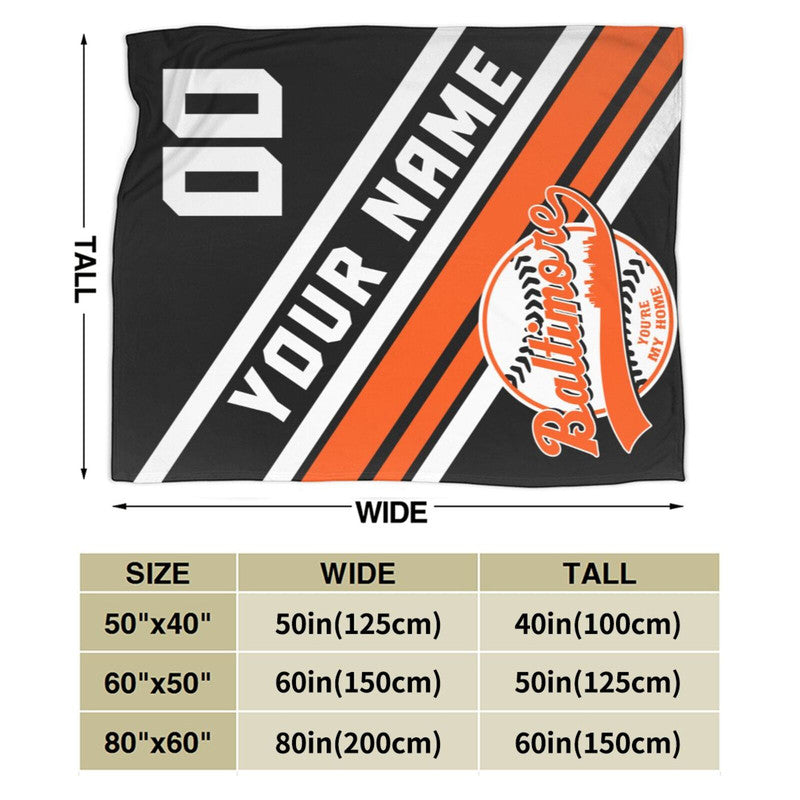 Custom Baseball Baltimore  Fleece Throw Blanket With Name Number for Fans Gifts