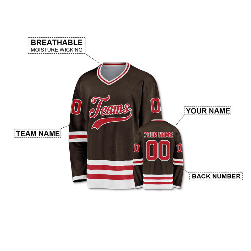 Custom Brown Red-White Authentic Hockey Jersey