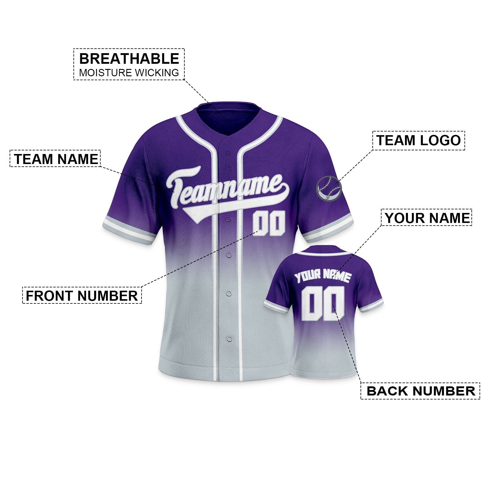 Custom Purple Gray-White Authentic Fade Fashion Baseball Jersey