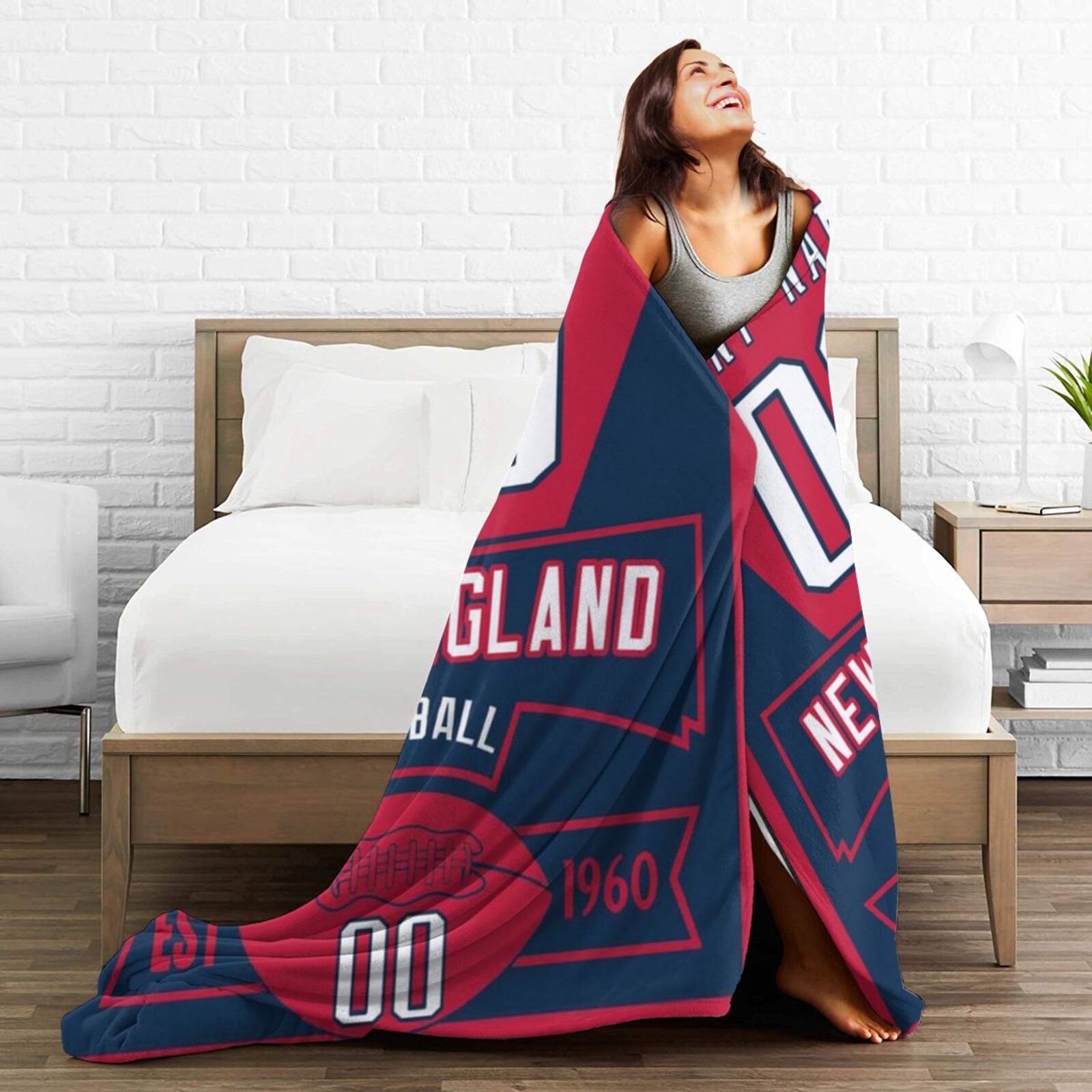 Custom Football City New England Fleece Throw Blanket With Name Number for Fans Gifts