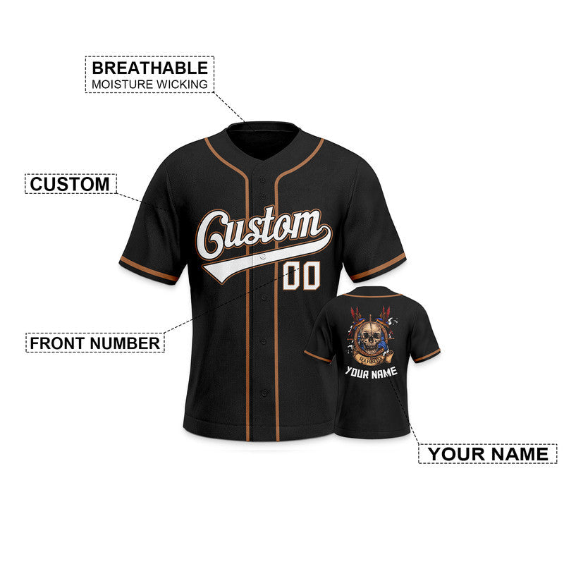 Custom Black Black-Old Gold Authentic Skull Fashion Baseball Jersey 3