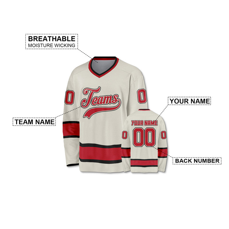 Custom Cream Red-Black Authentic Hockey Jersey