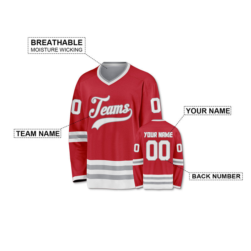 Custom Red White-Gray Authentic Hockey Jersey