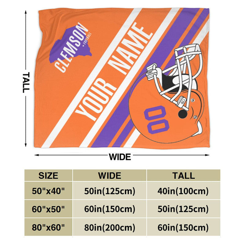Custom Football Clemson Fleece Throw Blanket With Name Number for Fans Gifts