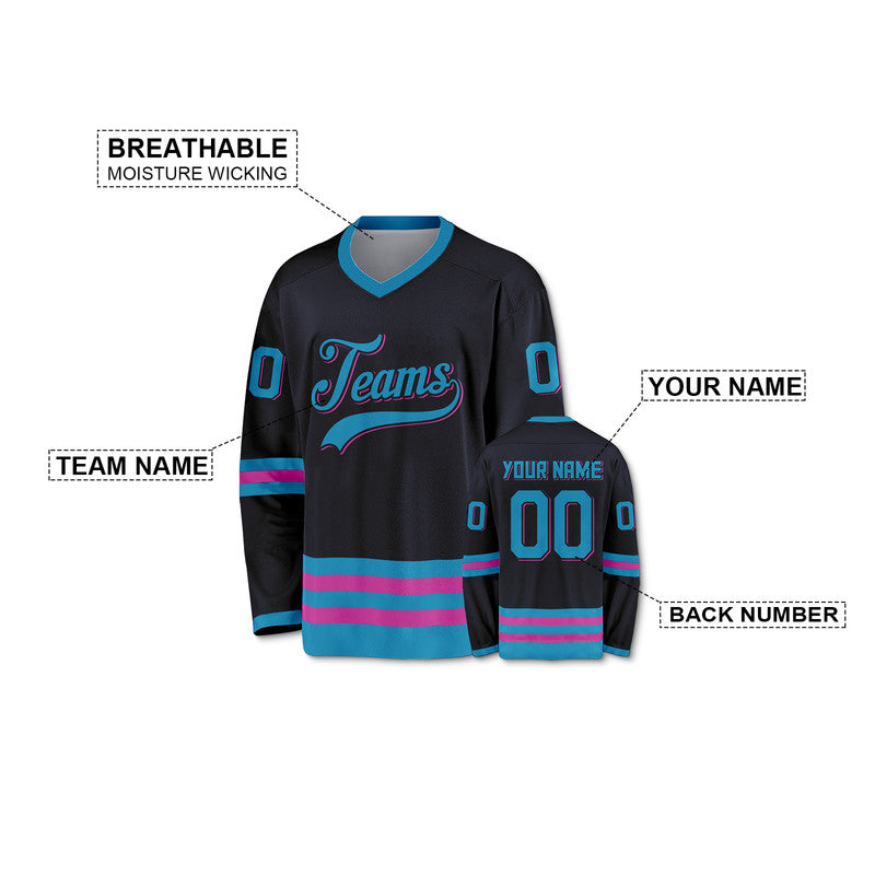 Custom Black Blue-Pink Authentic Hockey Jersey