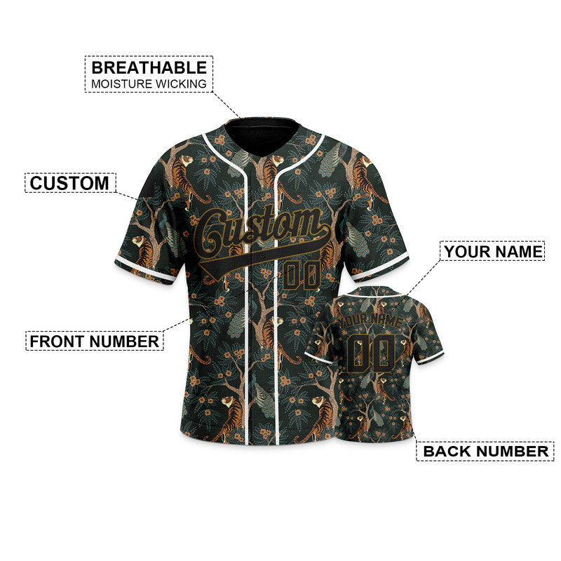 Custom Black Black-Old Gold 3D Pattern Design Tiger And Peacock Authentic Baseball Jersey