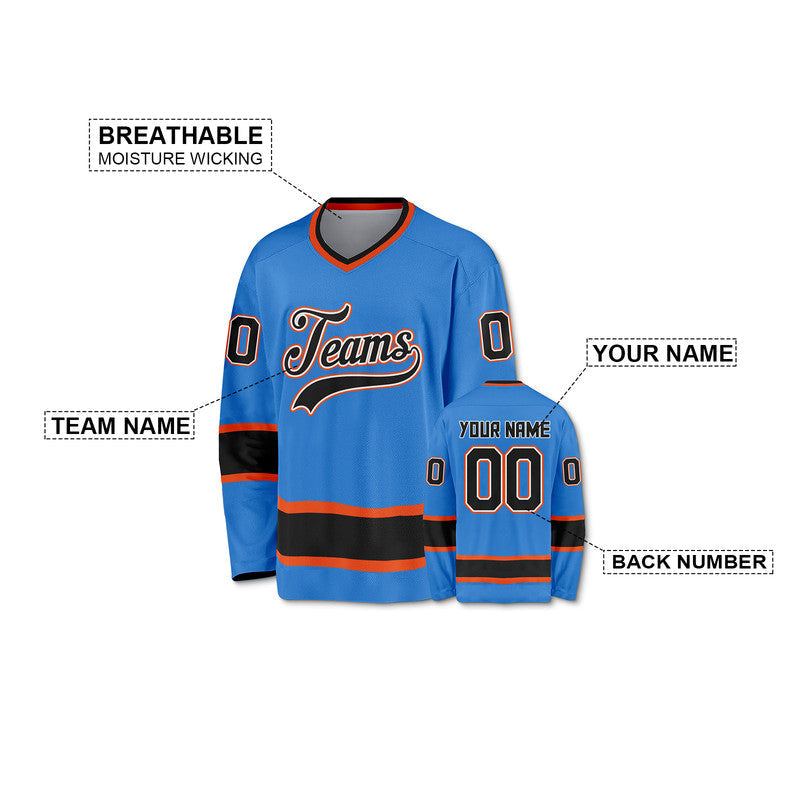Custom Powder Blue Black-Orange Authentic Hockey Jersey