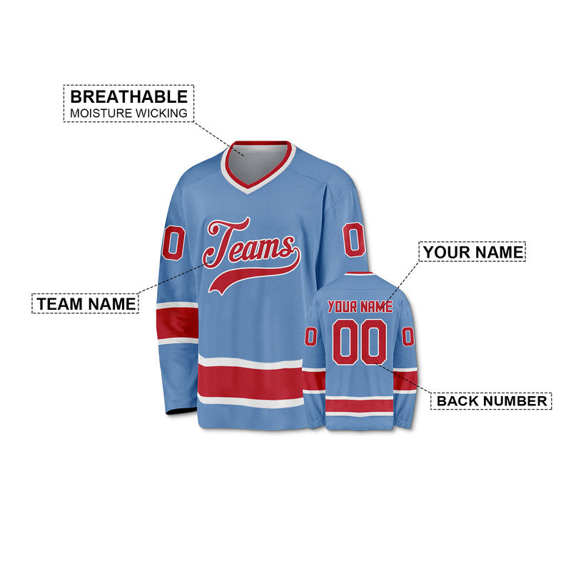 Custom Light Blue Red-White Authentic Hockey Jersey