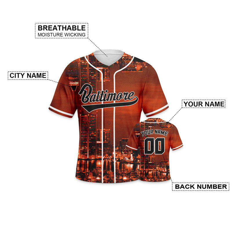 Custom 3D Night View Black Orange-White Authentic Baseball Silhouette Jersey