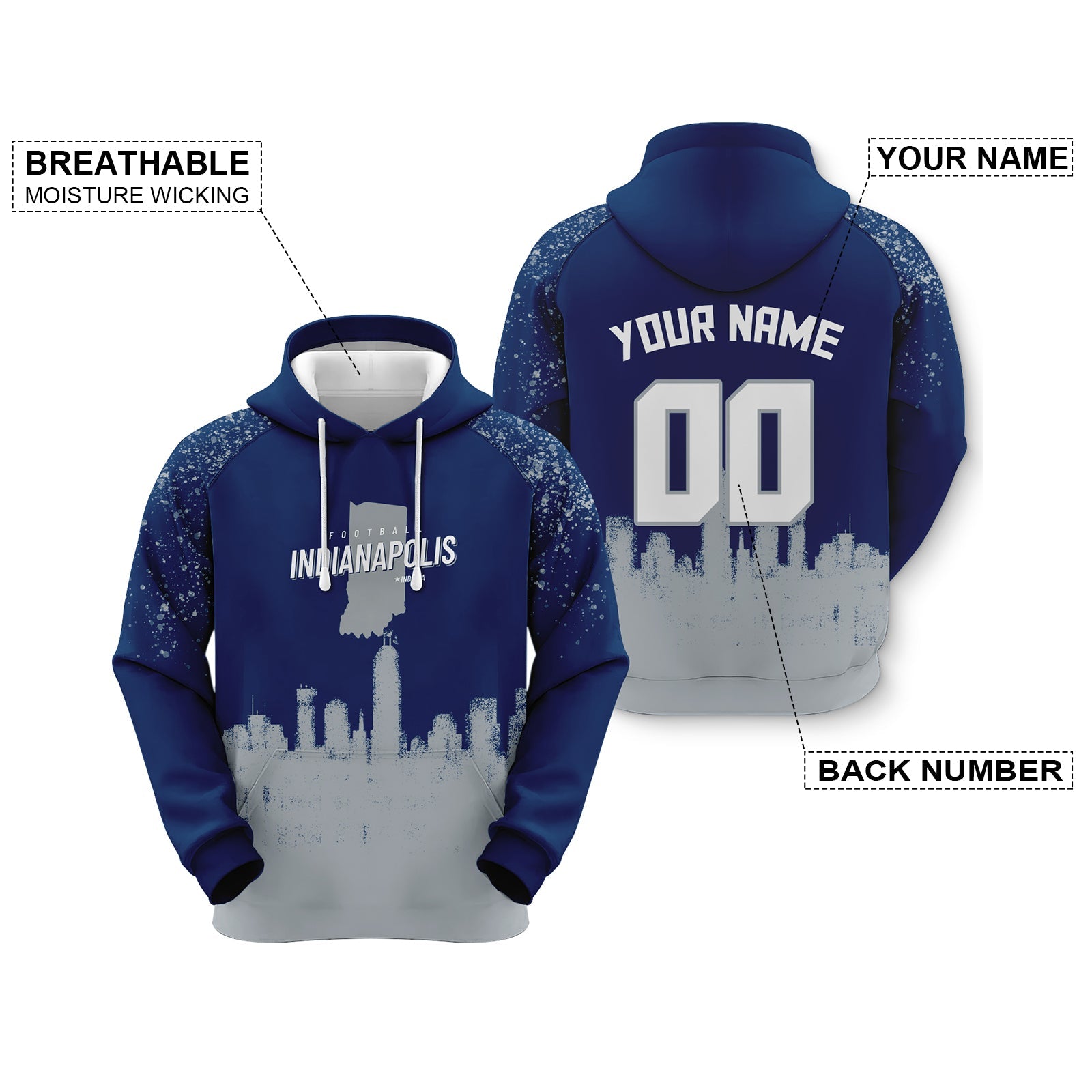Custom Sports Pullover Sweatshirt Football Graffiti City Map Indianapolis Fashion Hoodie