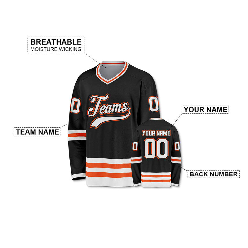 Custom Black White-Orange Authentic Hockey Jersey