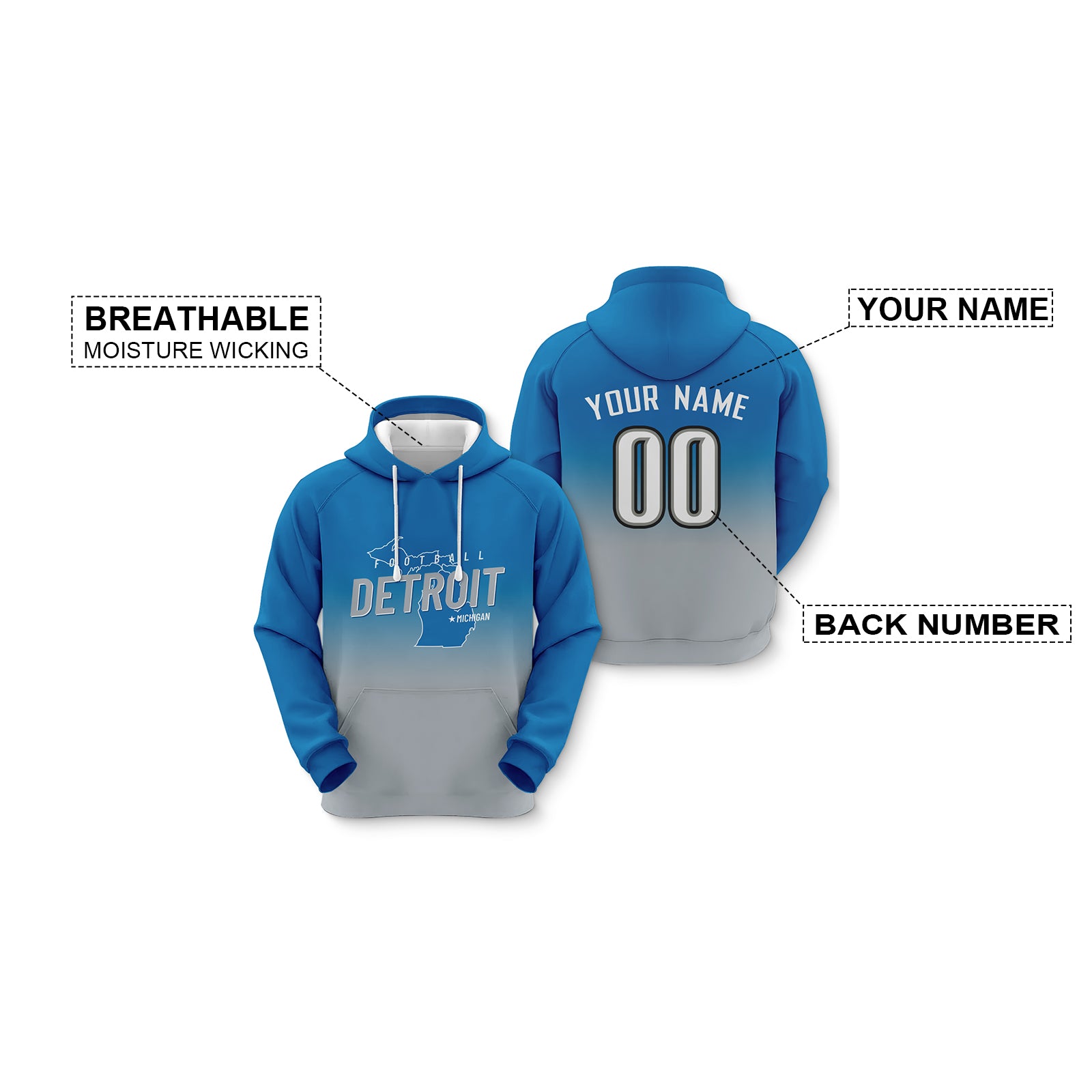 Custom Sports Pullover Sweatshirt City Detroit Map Split Fashion Football Hoodie