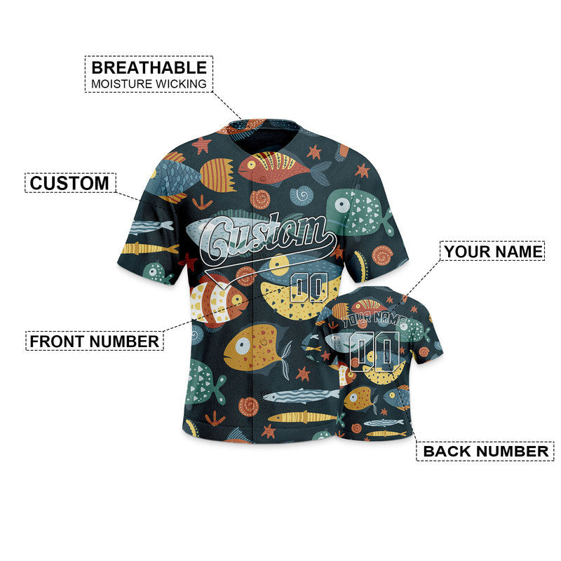 Custom Aqua 3D Pattern Design Fish And Peacock Authentic Baseball Jersey