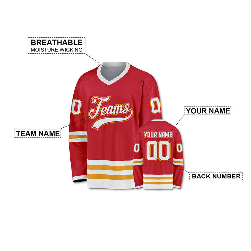 Custom Red White-Gold Authentic Hockey Jersey