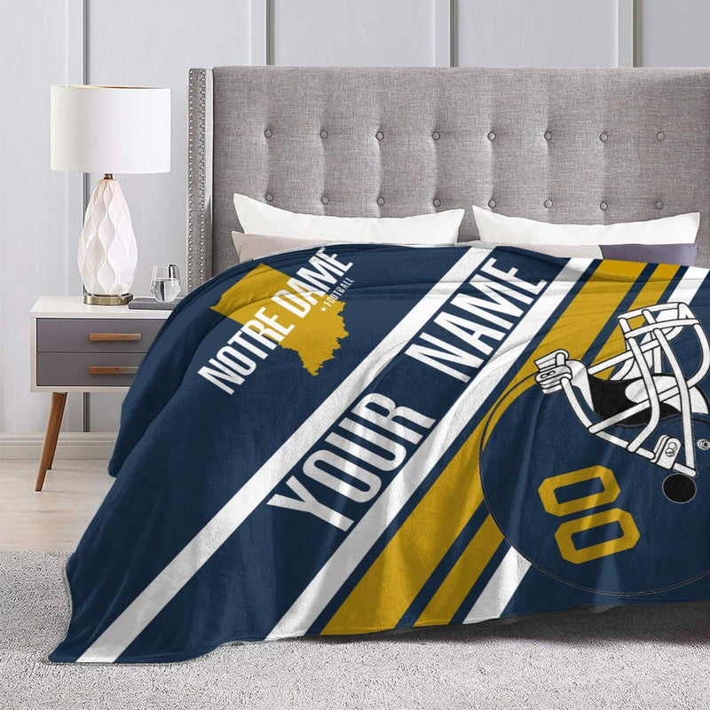 Custom Football Notre Dame Fleece Throw Blanket With Name Number for Fans Gifts