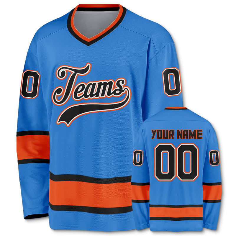 Custom Powder Blue Black-Orange Authentic Hockey Jersey1