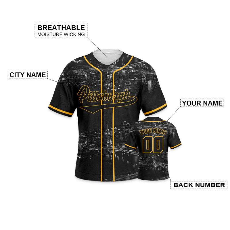 Custom 3D Night View Black Gold Authentic Baseball Silhouette Jersey