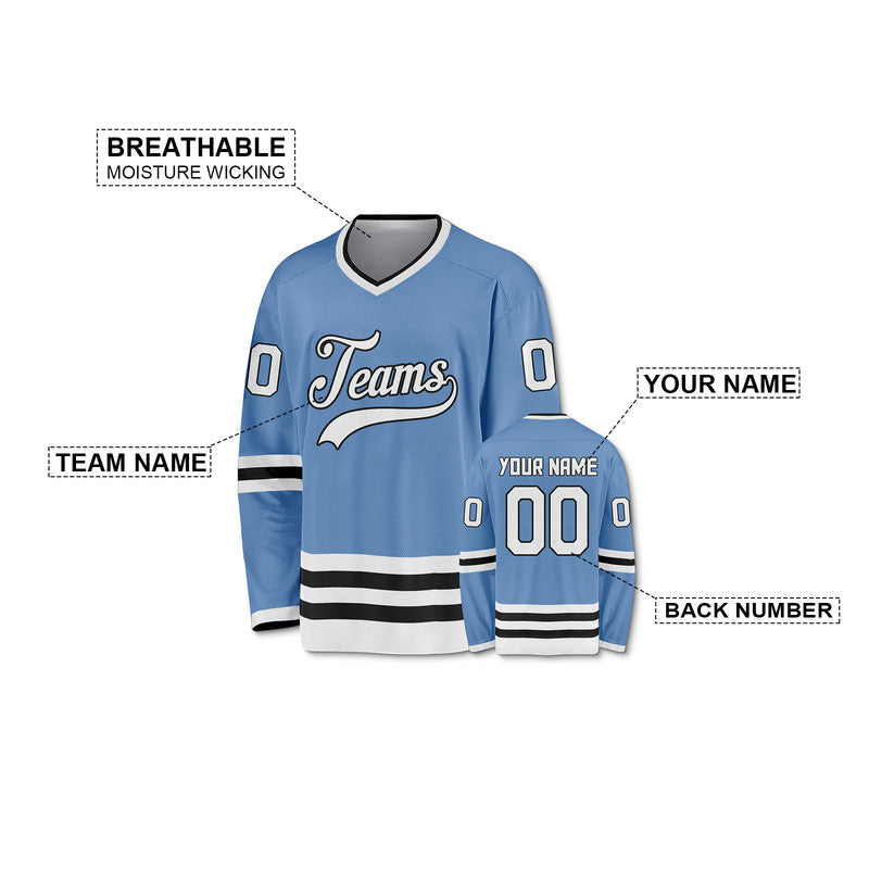 Custom Light Blue White-Black Authentic Hockey Jersey