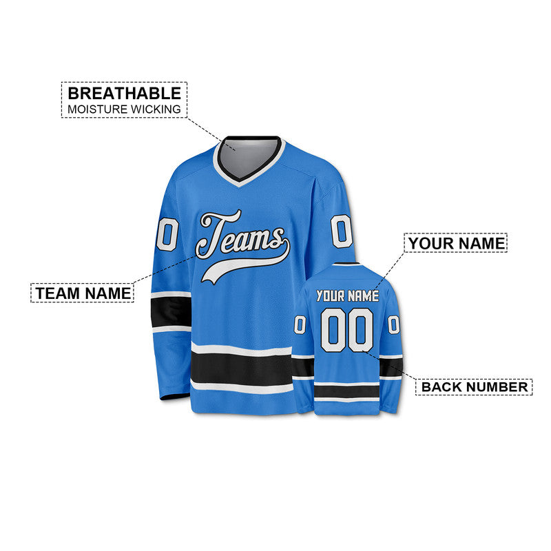Custom Powder Blue White-Black Authentic Hockey Jersey