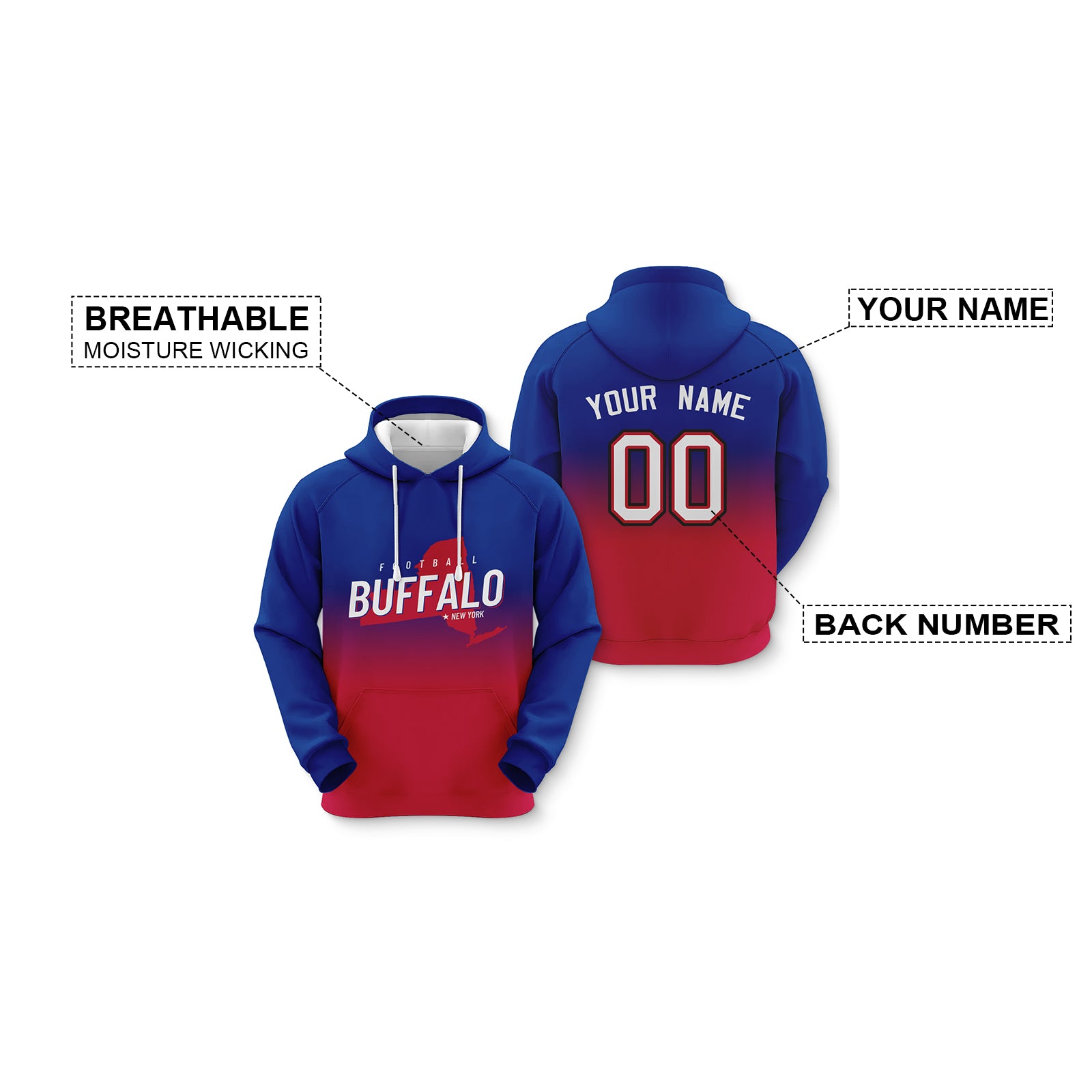 Custom Sports Pullover Sweatshirt City Buffalo Map Split Fashion Football Hoodie