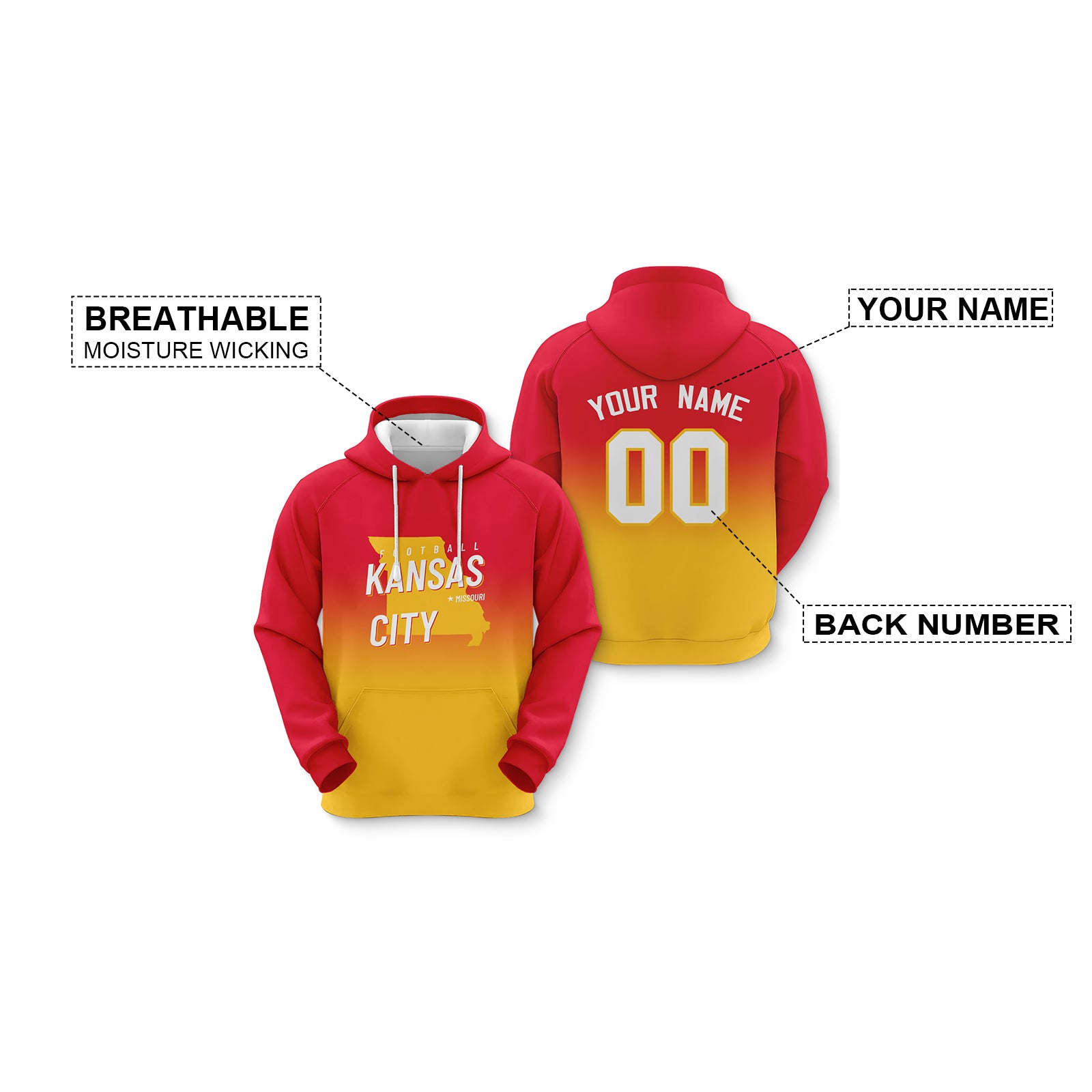 Custom Sports Pullover Sweatshirt City Kansas Map Split Fashion Football Hoodie