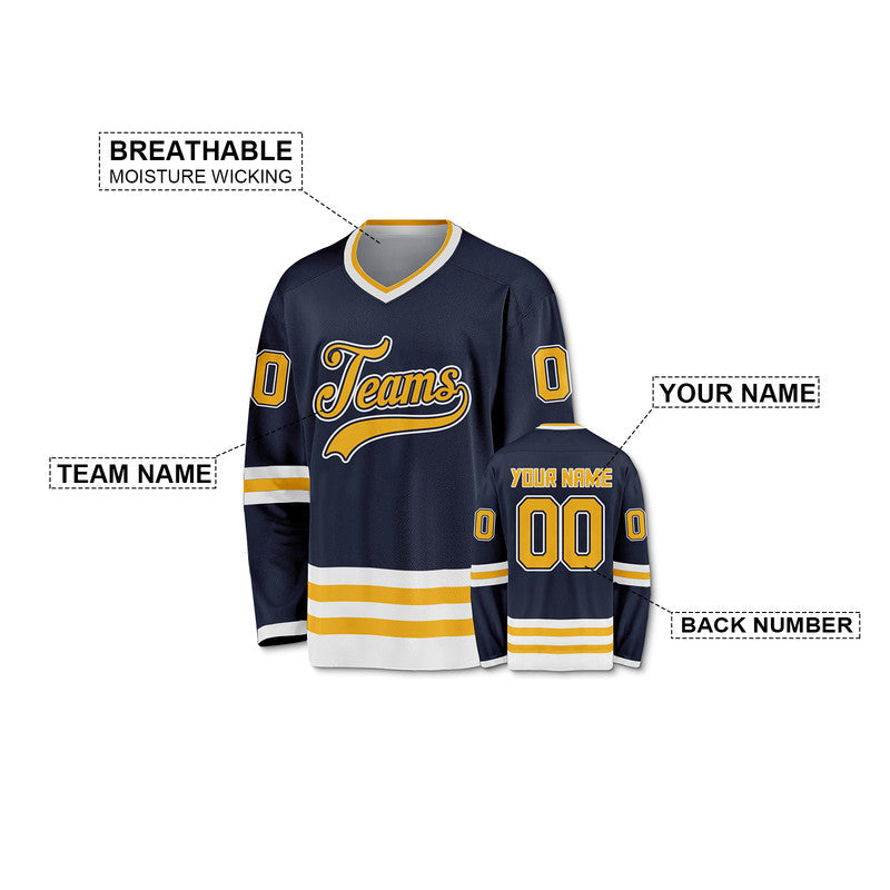 Custom Navy Gold-White Authentic Hockey Jersey