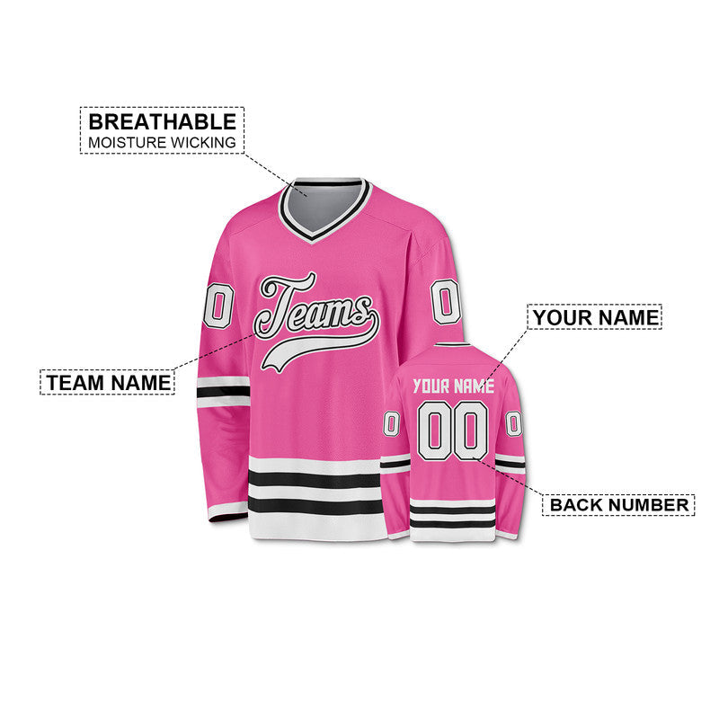 Custom Pink White-Black Authentic Hockey Jersey