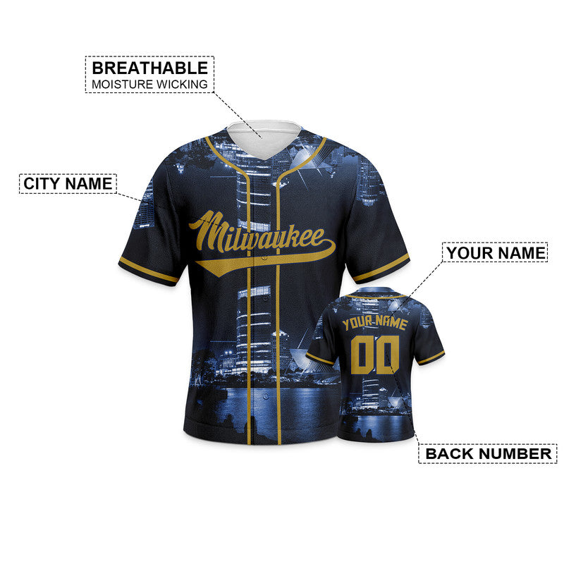 Custom 3D Night View Navy Gold-White Authentic Baseball Silhouette Jersey