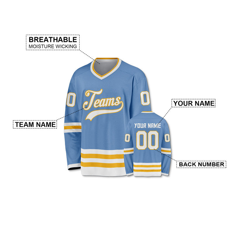 Custom Light Blue White-Gold Authentic Hockey Jersey