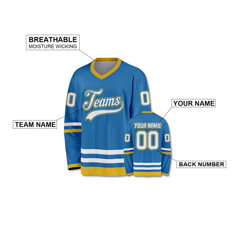 Custom Blue White-Gold Authentic Hockey Jersey