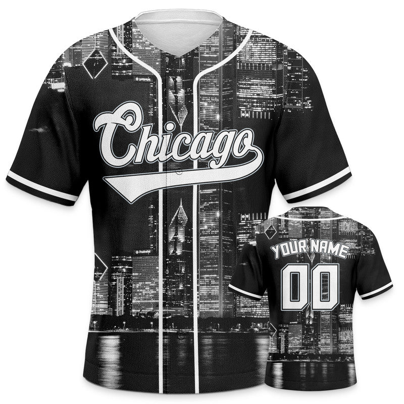 Custom 3D Night View Balck Gray-White Authentic Baseball Silhouette Jersey