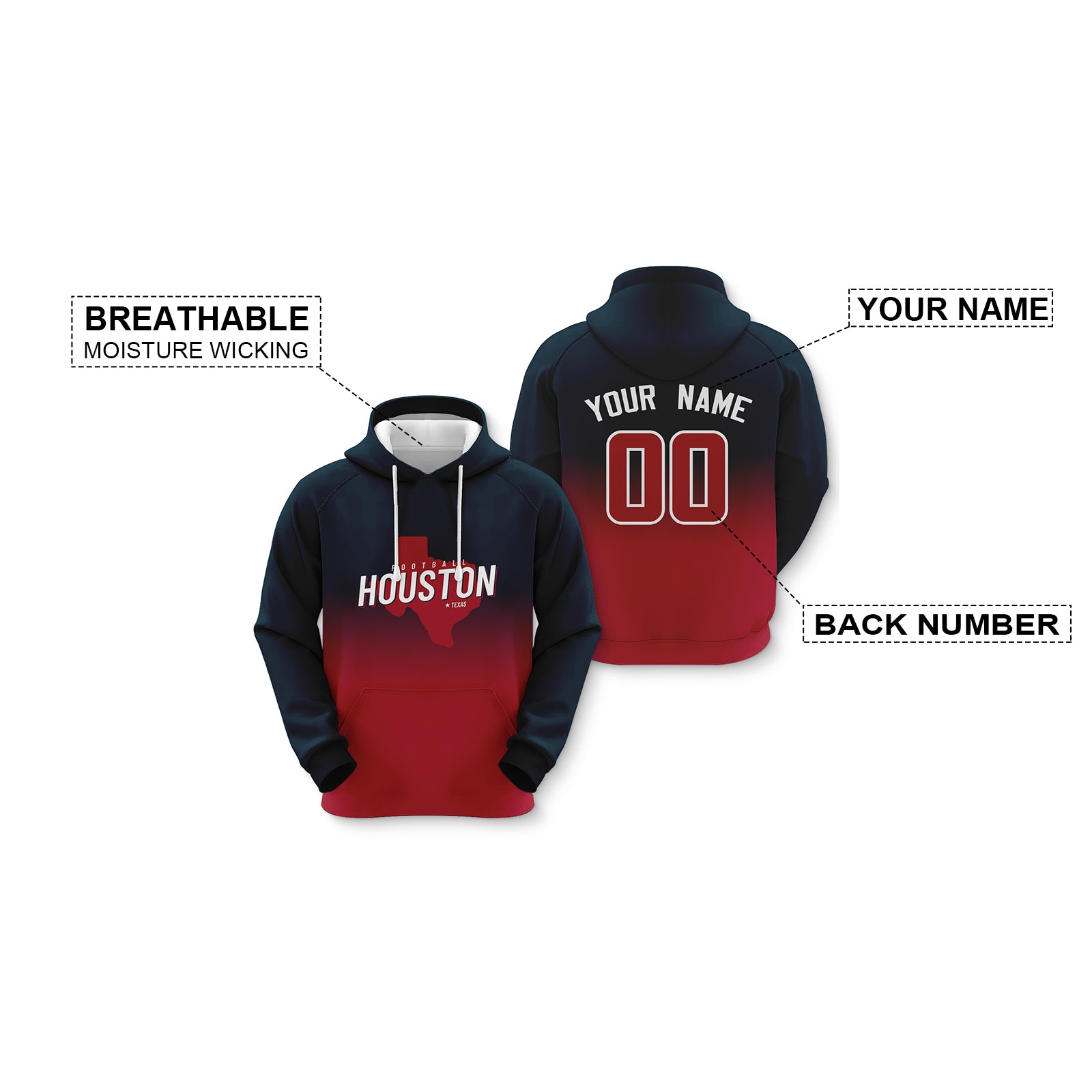 Custom Sports Pullover Sweatshirt City Houston Map Split Fashion Football Hoodie