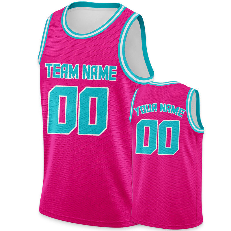 Custom Pink Aqua-White Round Neck Rib-Knit Basketball Jersey