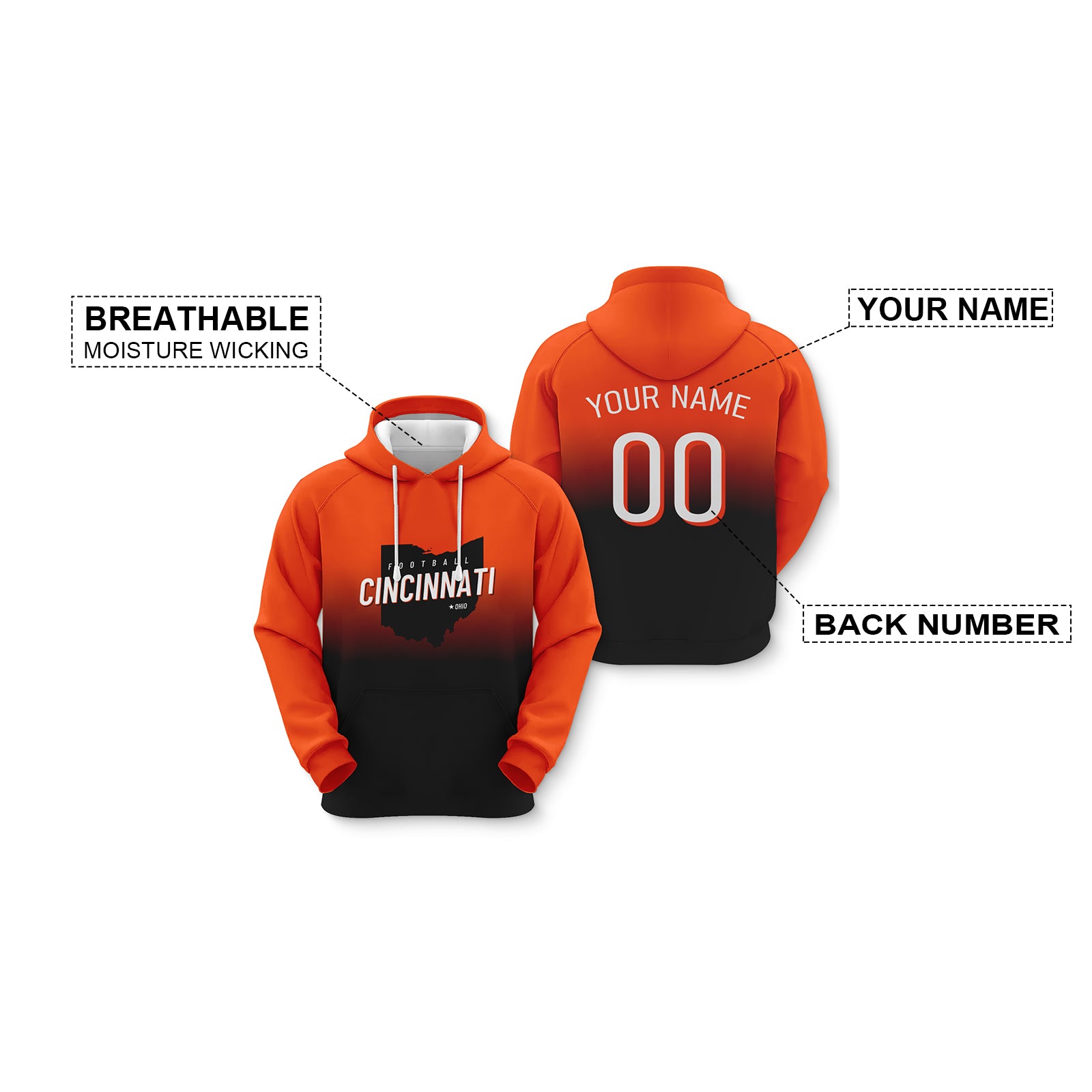 Custom Sports Pullover Sweatshirt City Cincinnati Map Split Fashion Football Hoodie