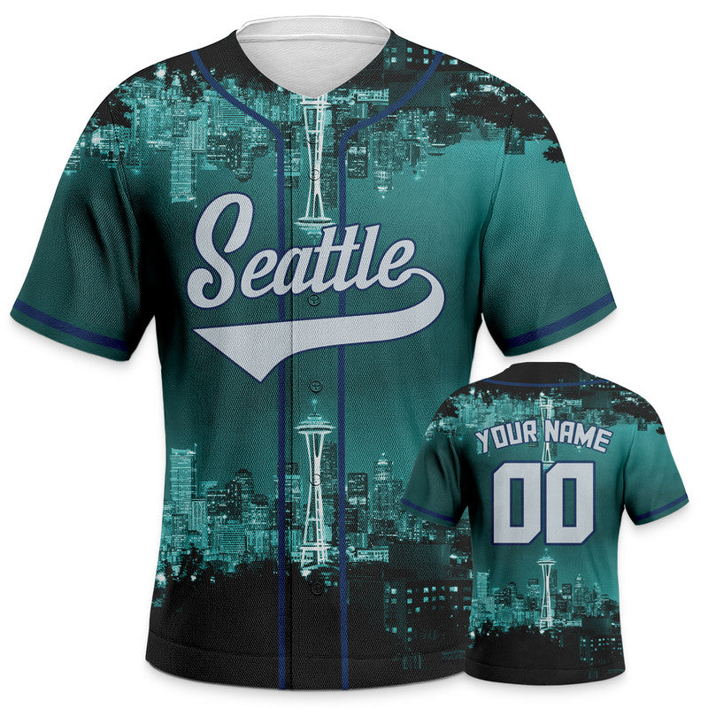 Custom 3D Night View Navy Aqua-White Authentic Baseball Silhouette Jersey