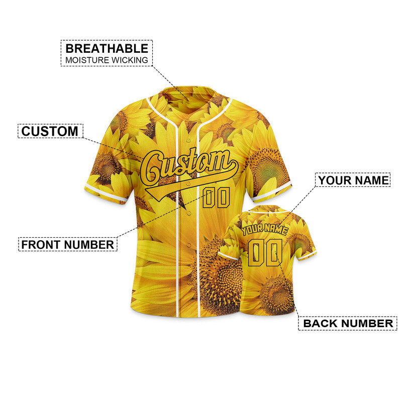 Custom Gold Black-White 3D Pattern Design Sunflower Authentic Baseball Jersey