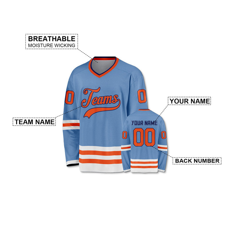 Custom Light Blue Orange-White Authentic Hockey Jersey