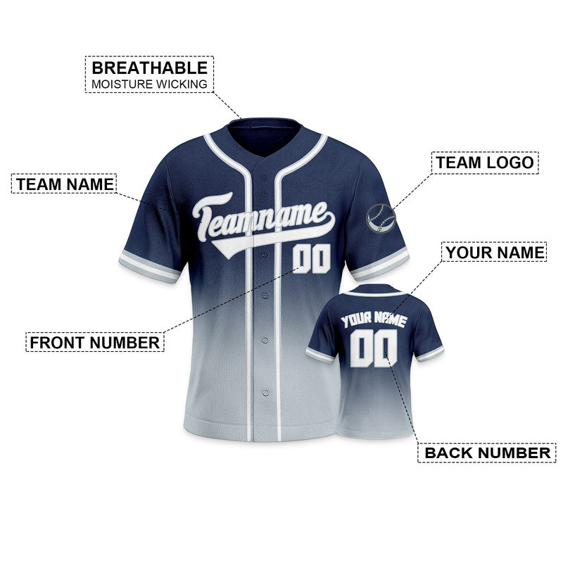 Custom Navy Gray-White Authentic Fade Fashion Baseball Jersey