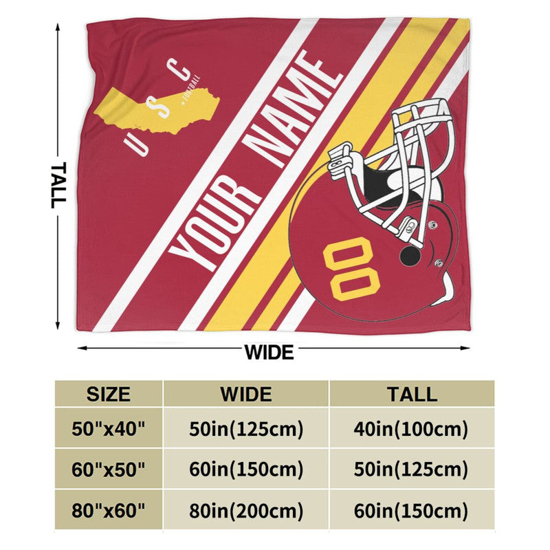 Custom Football USC Fleece Throw Blanket With Name Number for Fans Gifts