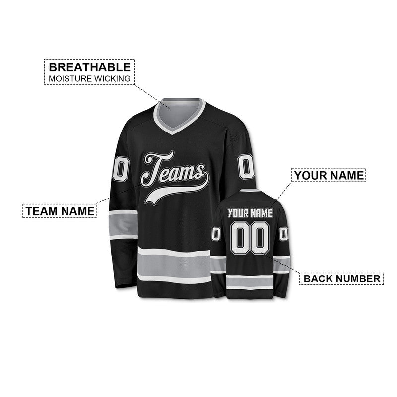 Custom Black White-Gray Authentic Hockey Jersey