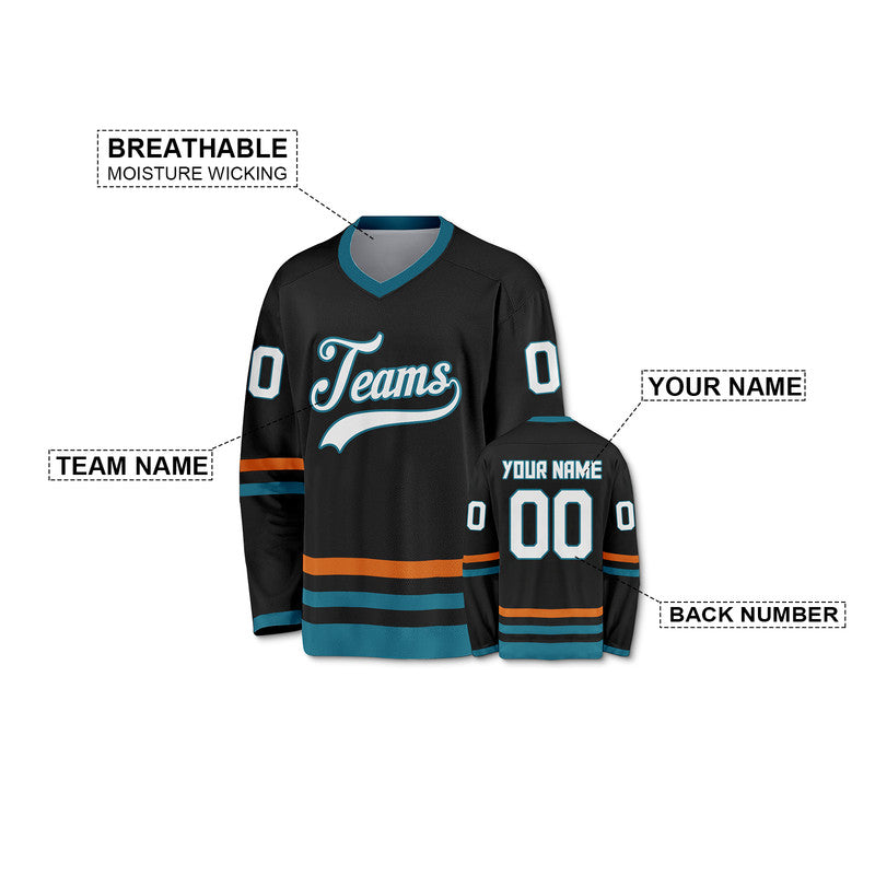 Custom Black White-Deep Pacific Teal Orange Authentic Hockey Jersey