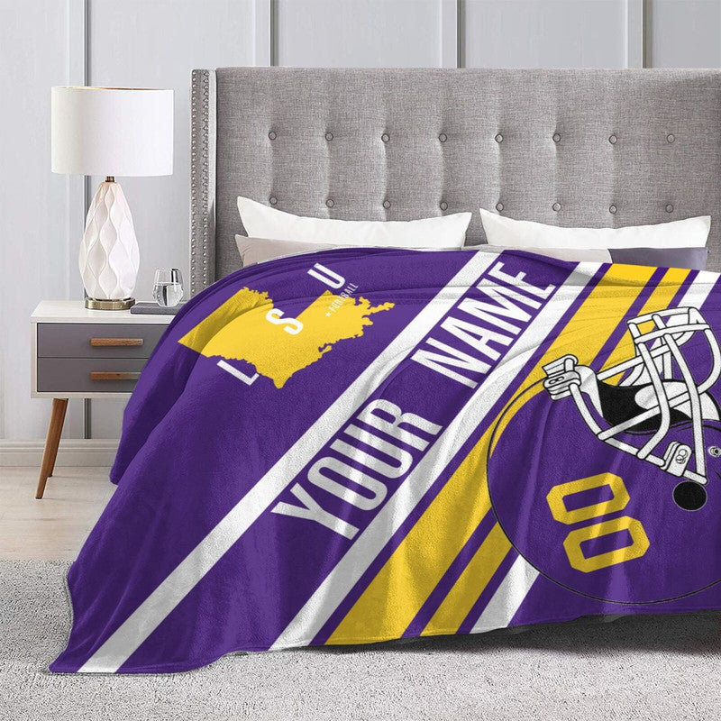 Custom Football LSU Fleece Throw Blanket With Name Number for Fans Gifts