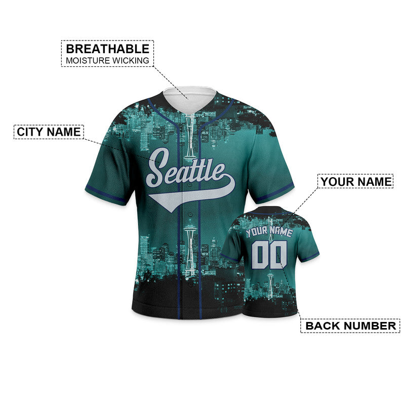 Custom 3D Night View Navy Aqua-White Authentic Baseball Silhouette Jersey