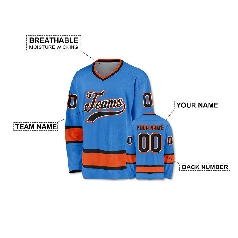 Custom Powder Blue Black-Orange Authentic Hockey Jersey1