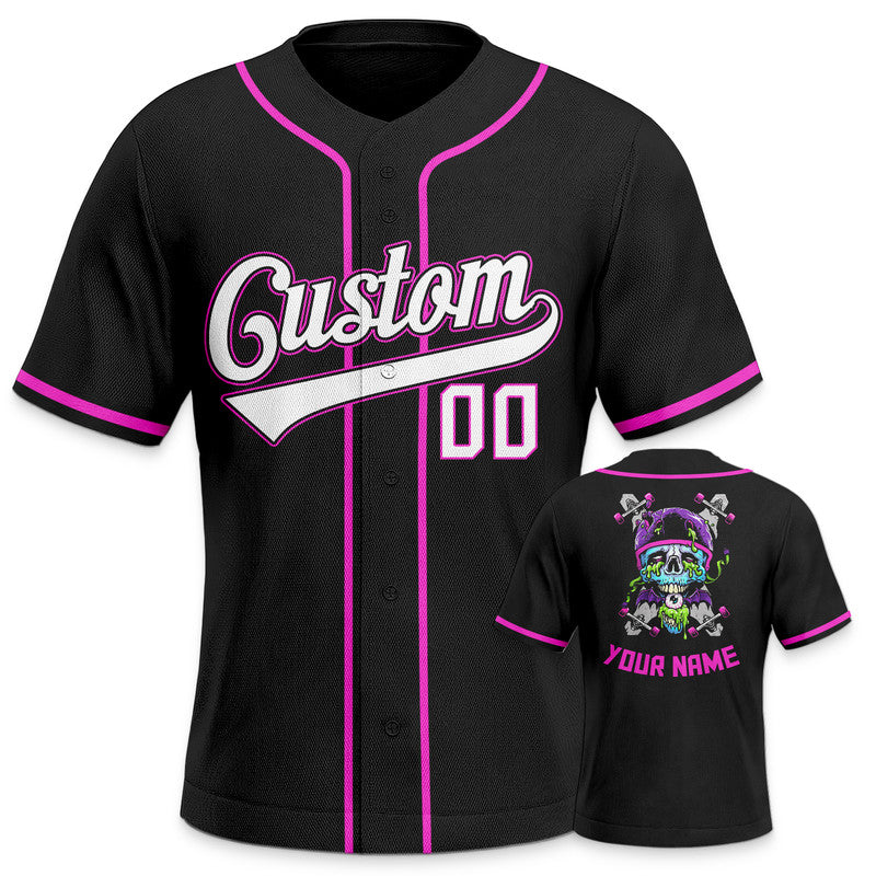 Custom Black Light Blue-Pink Authentic Skull Fashion Baseball Jersey