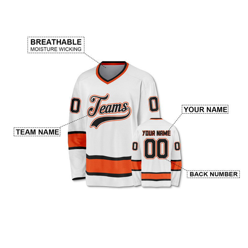 Custom White Black-Orange Authentic Hockey Jersey
