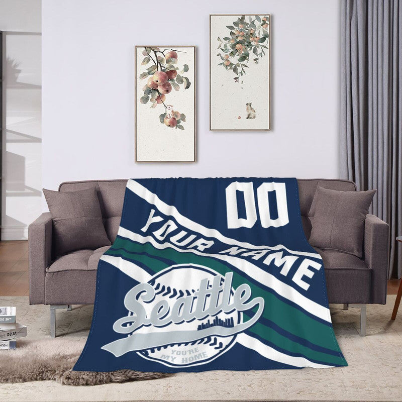 Custom Baseball Seattle  Fleece Throw Blanket With Name Number for Fans Gifts