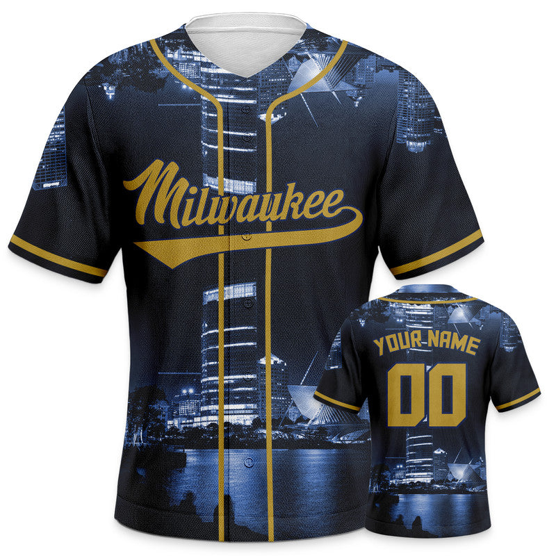 Custom 3D Night View Navy Gold-White Authentic Baseball Silhouette Jersey