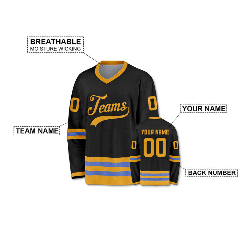 Custom Black Gold-Blue Authentic Hockey Jersey