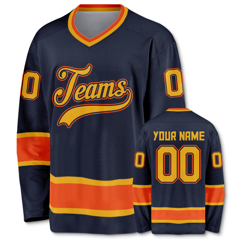Custom Navy Gold-Orange Authentic Hockey Jersey